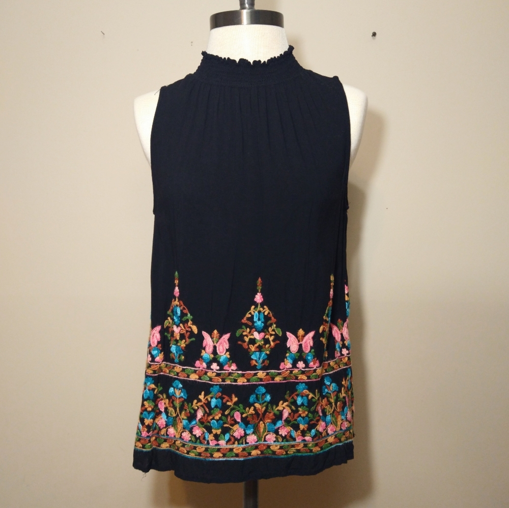 Oddi Black Sleeveless Top with Colorful Embroidery Size Small
